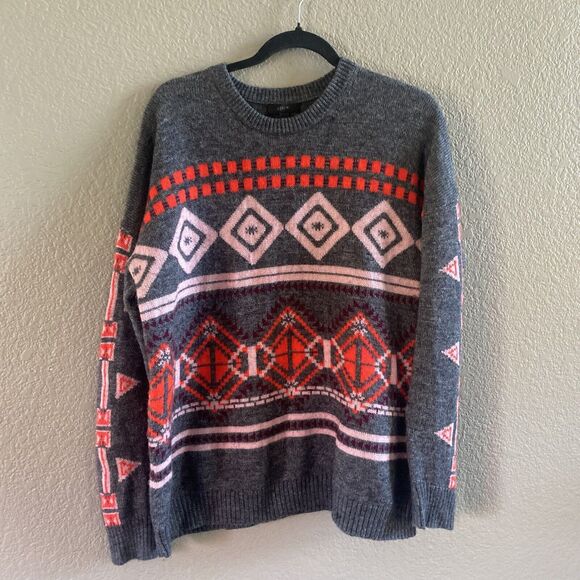J. Crew Sweater Women's XL Gray Fair Isle Nordic Aztec Wool Mohair Crew Neck - Picture 2 of 8